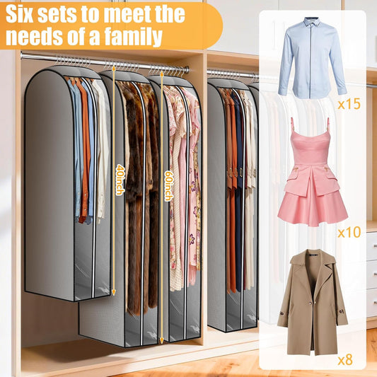 10" Gusseted Garment Bags Thicken for Hanging Clothes, 6 Pack, 40"&60"