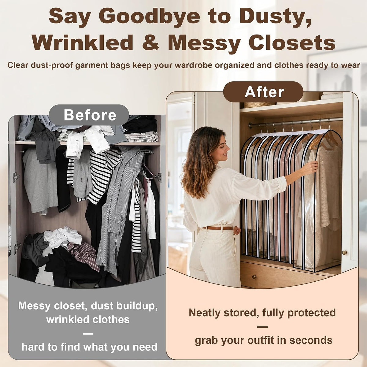 6 Pack Clear Garment Bags for Hanging Clothes 40" 10" Gusset Closet Storage