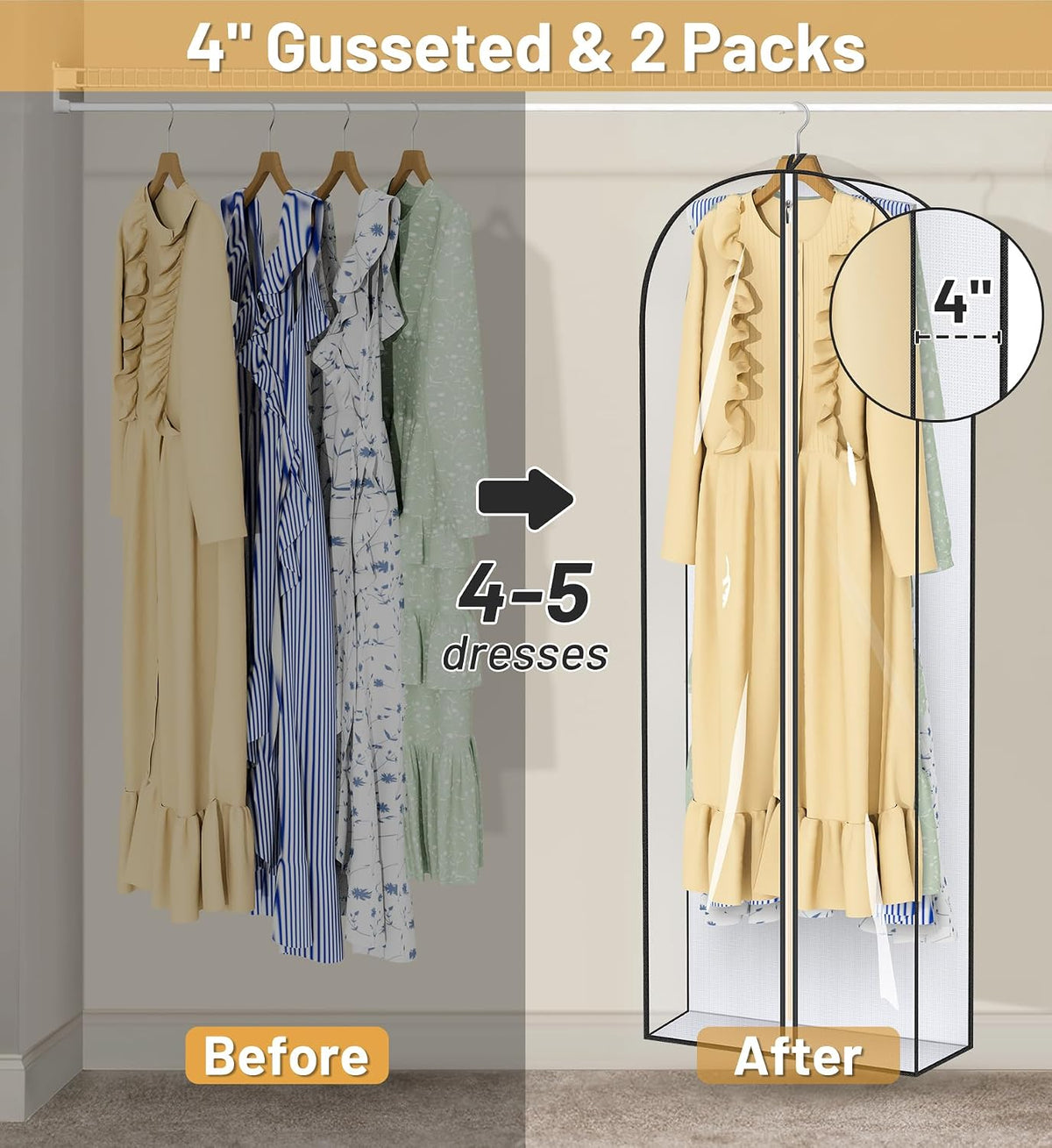MISSLO 65" Clear Garment Bags for Hanging Clothes 4" Gusseted Dress Bags for Gowns Long Dress Cover for Closet Storage Dress Protector Bag, 2 Packs