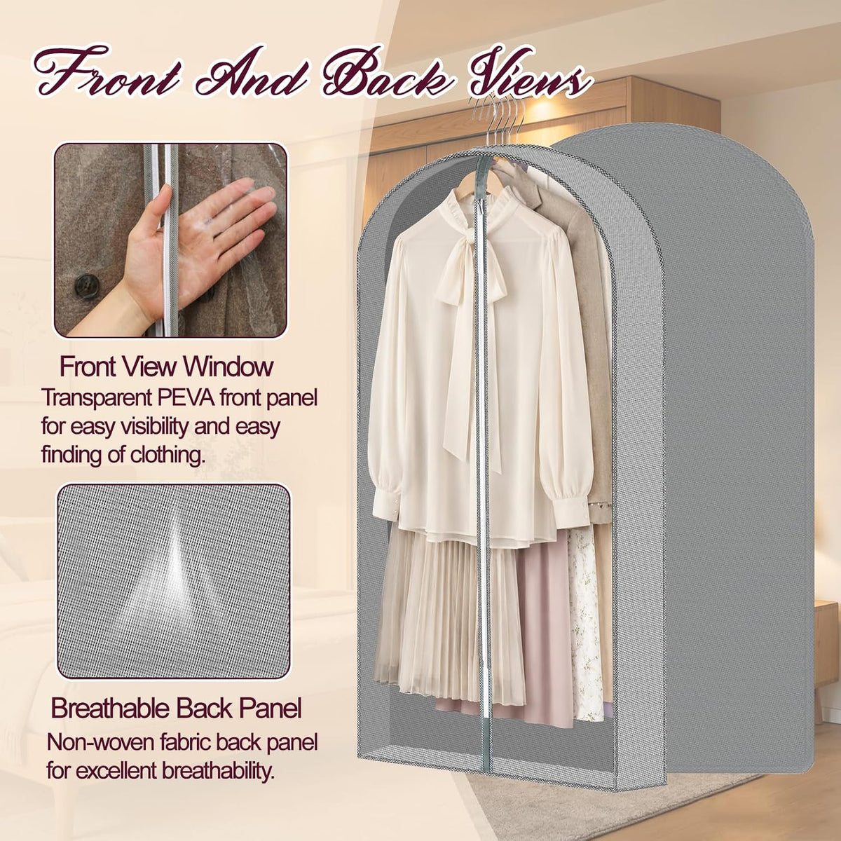 3 Pcs Breathable PEVA Hanging Garment Bags With Sock Pouches