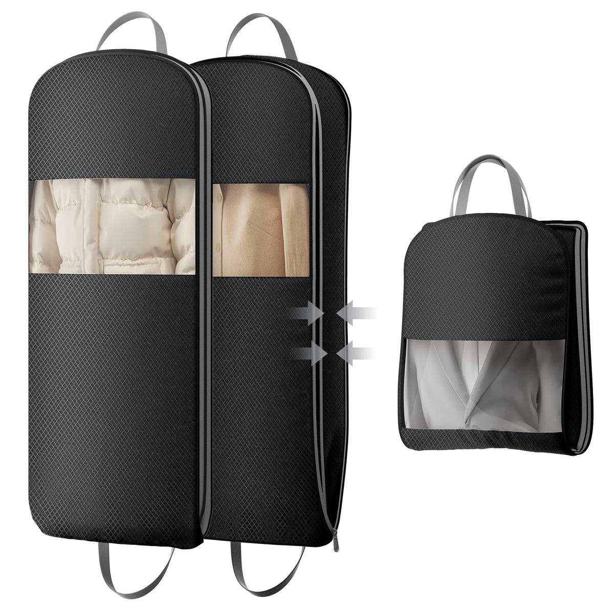 DIMJ 4 Pack 43" Compression Garment Bags for Hanging Clothes With Carry Handles and Window, Space Saving Washable Suit Bag for Dress, Clothes, Coats, Down Jacket, Closet Storage, Moving, Travel
