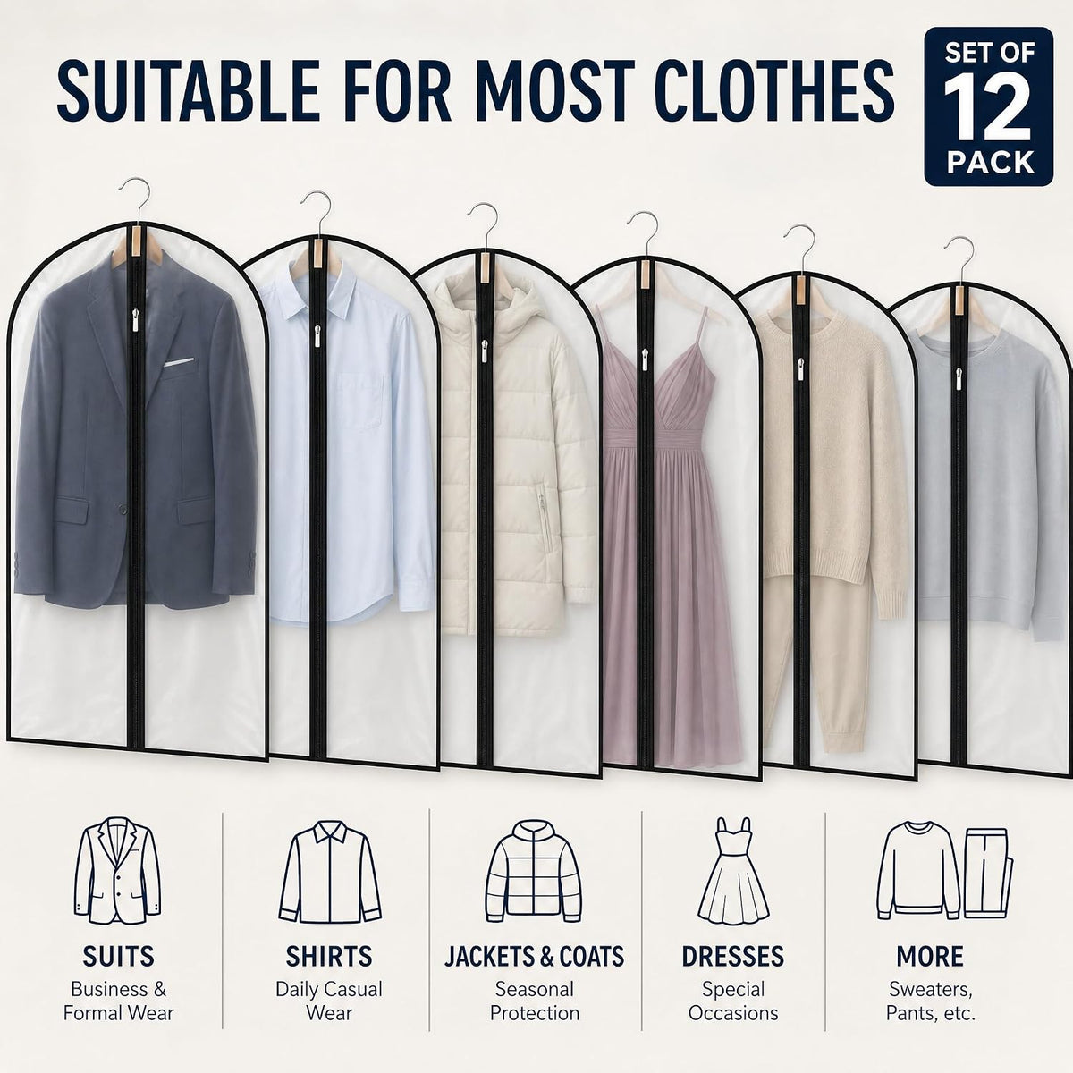 12 Pack Garment Bag with Zipper, 24 x 40inch Clear Garment Bags for Hanging Clothes, HKKZYT Durable PEVA Suit Storage Covers for Closet and Travel