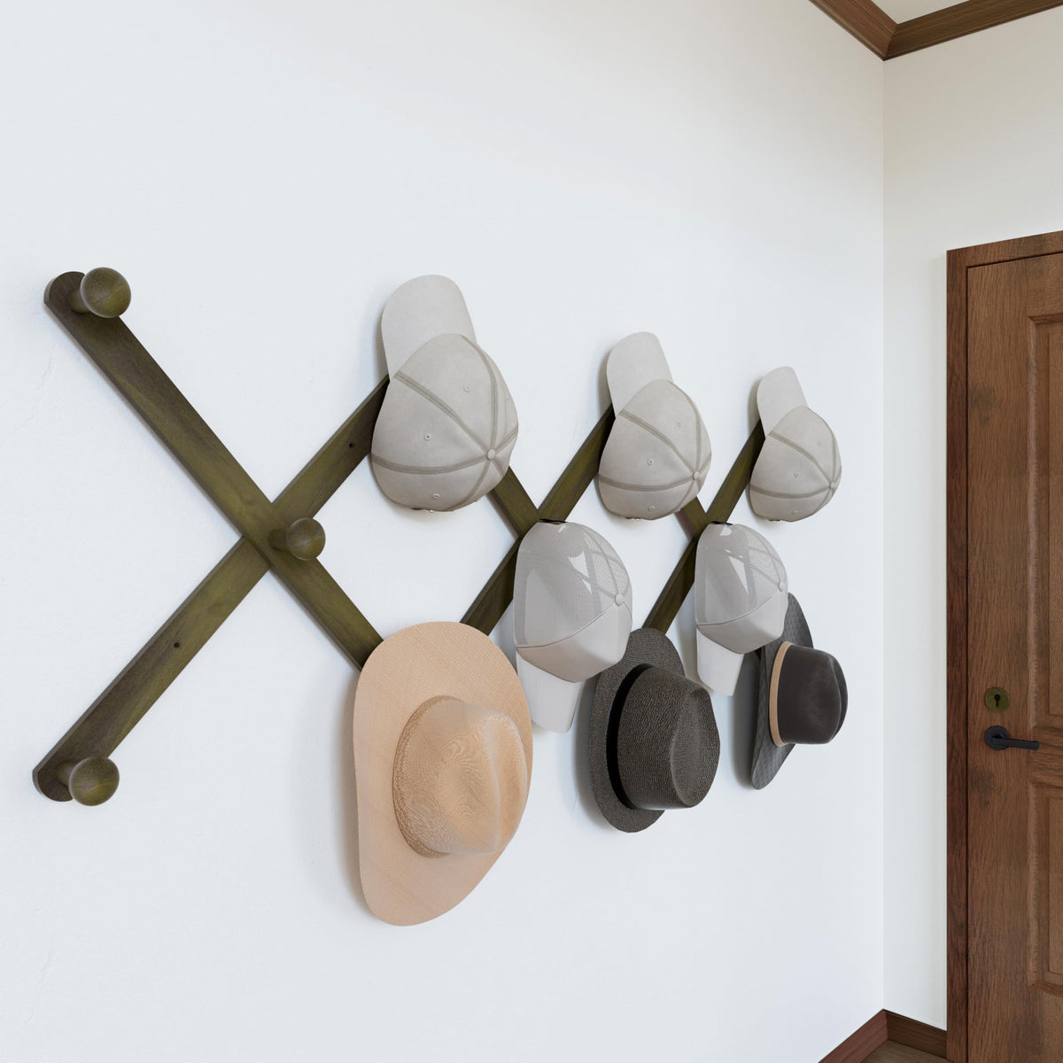 SKOLOO Hat Rack for Wall with 14 Hooks, Solid Wooden, Modern, Expandable Coat Rack Wall Mount for Coats, Hats, Bags, Baseball Caps, Natural Color
