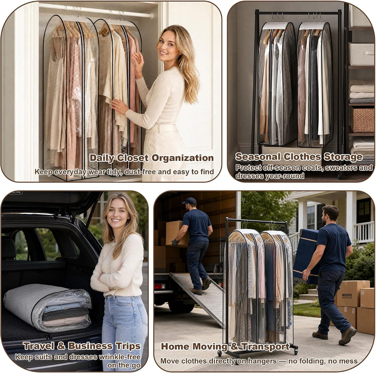 6 Pack Clear Garment Bags for Hanging Clothes 40" 10" Gusset Closet Storage