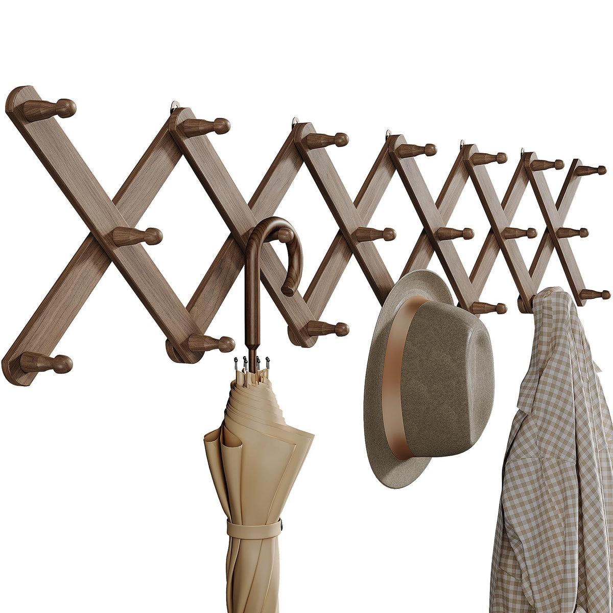 OROPY Accordion Wall Hanger with 14 Pegs, Expandable Wooden Coat & Hat Rack