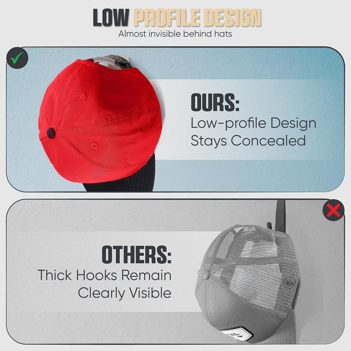 Modern JP Adhesive Hat Hooks for Wall (16-Pack) - Minimalist Hat Rack Design, No Drilling, Strong Hold Hat Hangers - USA Patented, Clear