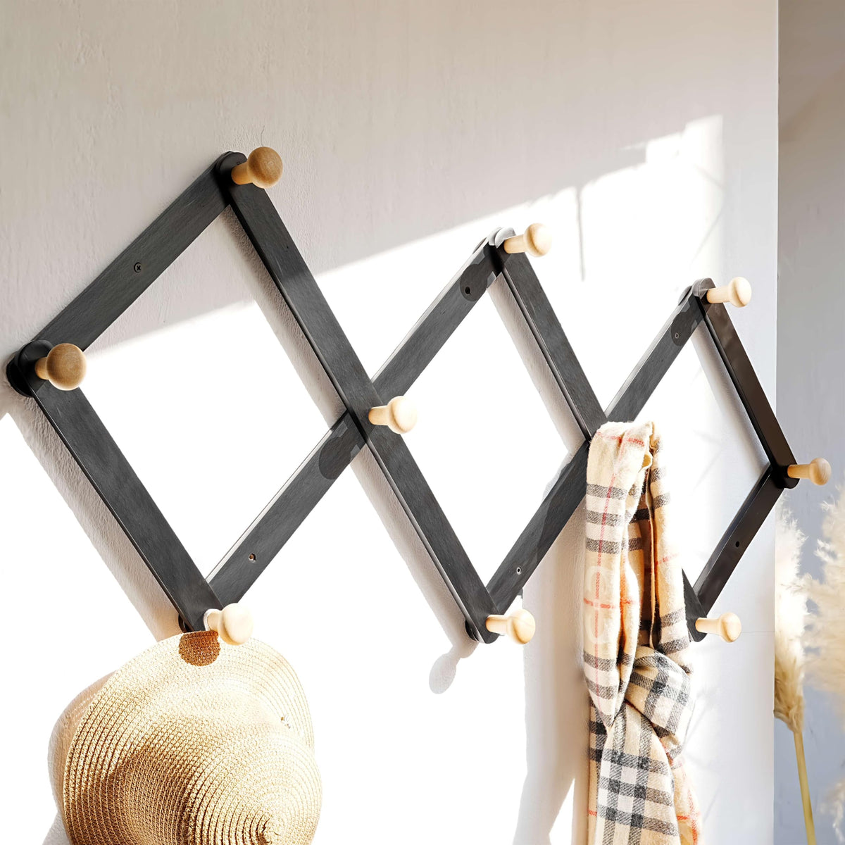 Dseap Accordian Wall Hanger: 16” High Wooden Wall Expandable Coat Rack, Hat Rack Holder, Accordion Hook for Baseball Caps, Coats, Mugs, 13 Peg Hooks, White