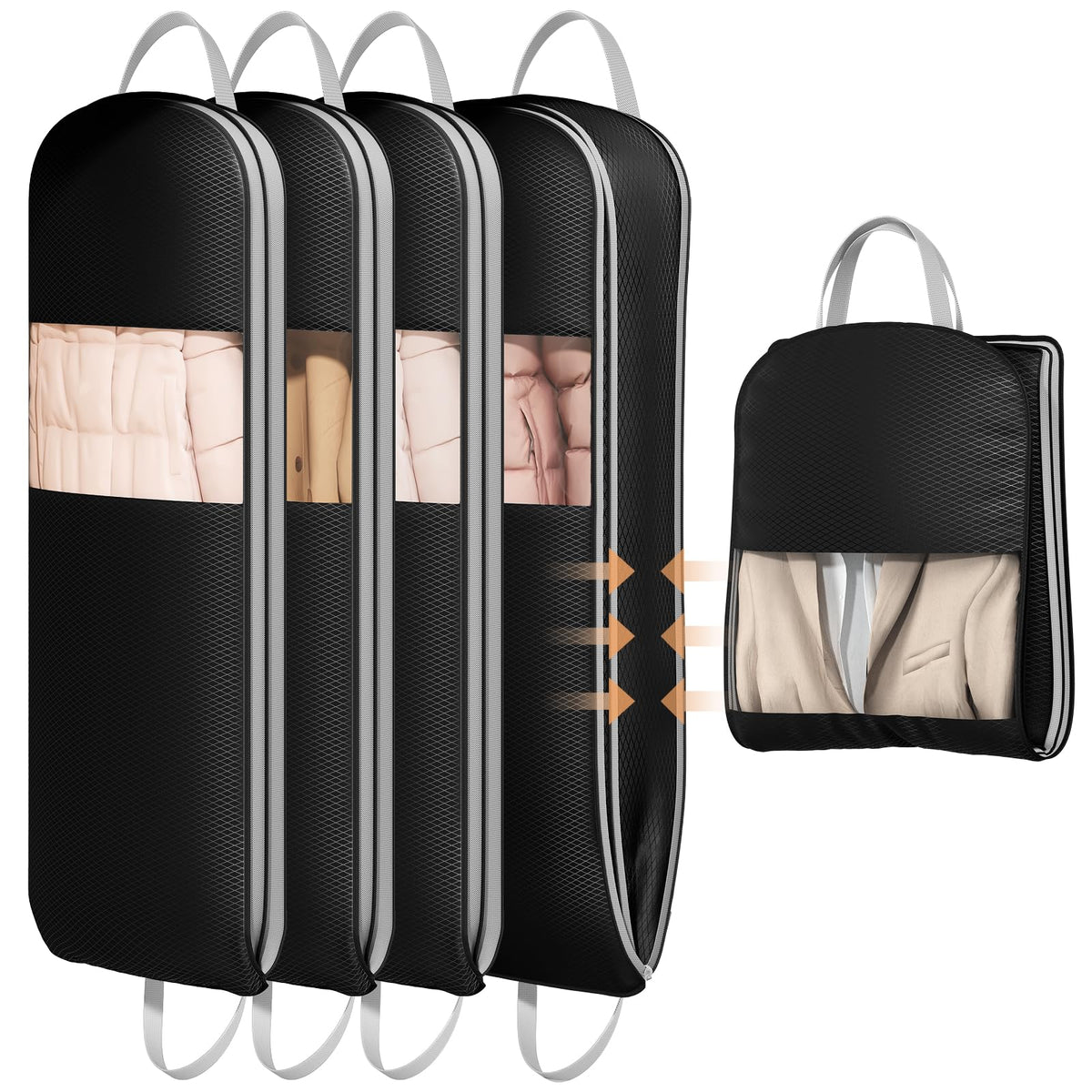 DIMJ 4 Pack 43" Compression Garment Bags for Hanging Clothes With Carry Handles and Window, Space Saving Washable Suit Bag for Dress, Clothes, Coats, Down Jacket, Closet Storage, Moving, Travel