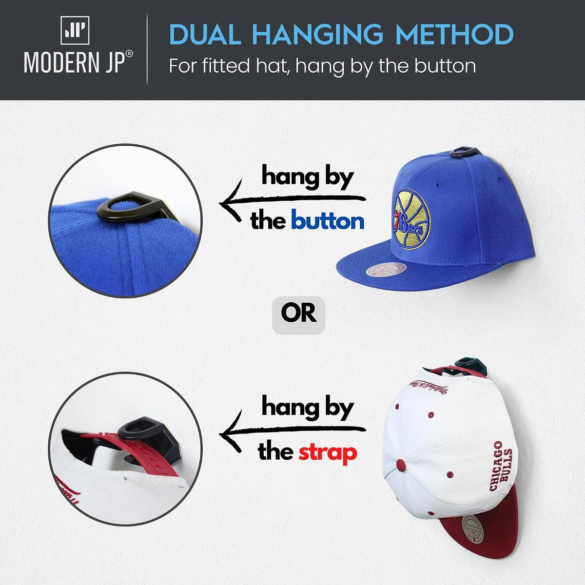 Modern JP Adhesive Hat Hooks for Wall (16-Pack) - Hat Rack for Baseball Caps, Minimalist Hat Display, Strong Hold Hat Hangers for Wall - USA Patented, Black