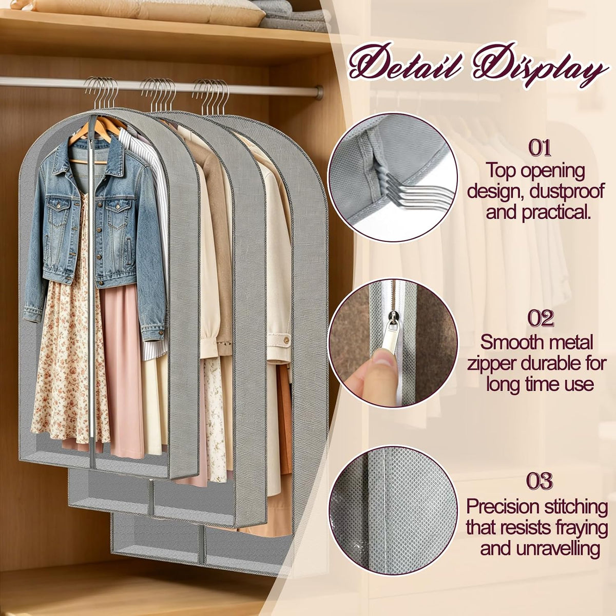 3 Pcs Breathable PEVA Hanging Garment Bags With Sock Pouches