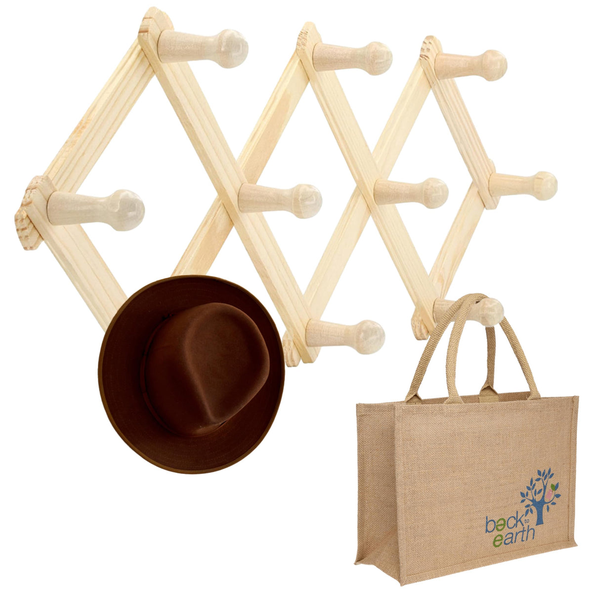 RamPro Accordion Style Wood Expandable Rack Hat, Cap, Belt, Umbrella Coffee Mug Wall wooden Pegs (Set of 2)