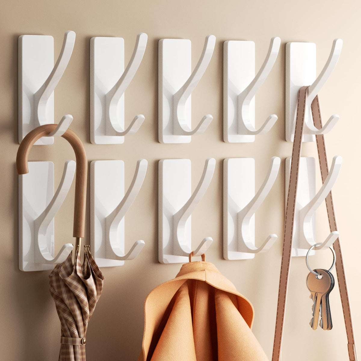 10 Pack Brushed Gold Self Adhesive Coat Hooks for Hanging: 13LB Extra Strong Stainless Double Wall Hook for Towel, Backpack, Hat, Sturdy Metal Hanger for Bathroom, Bedroom, Door, Wall Mounted