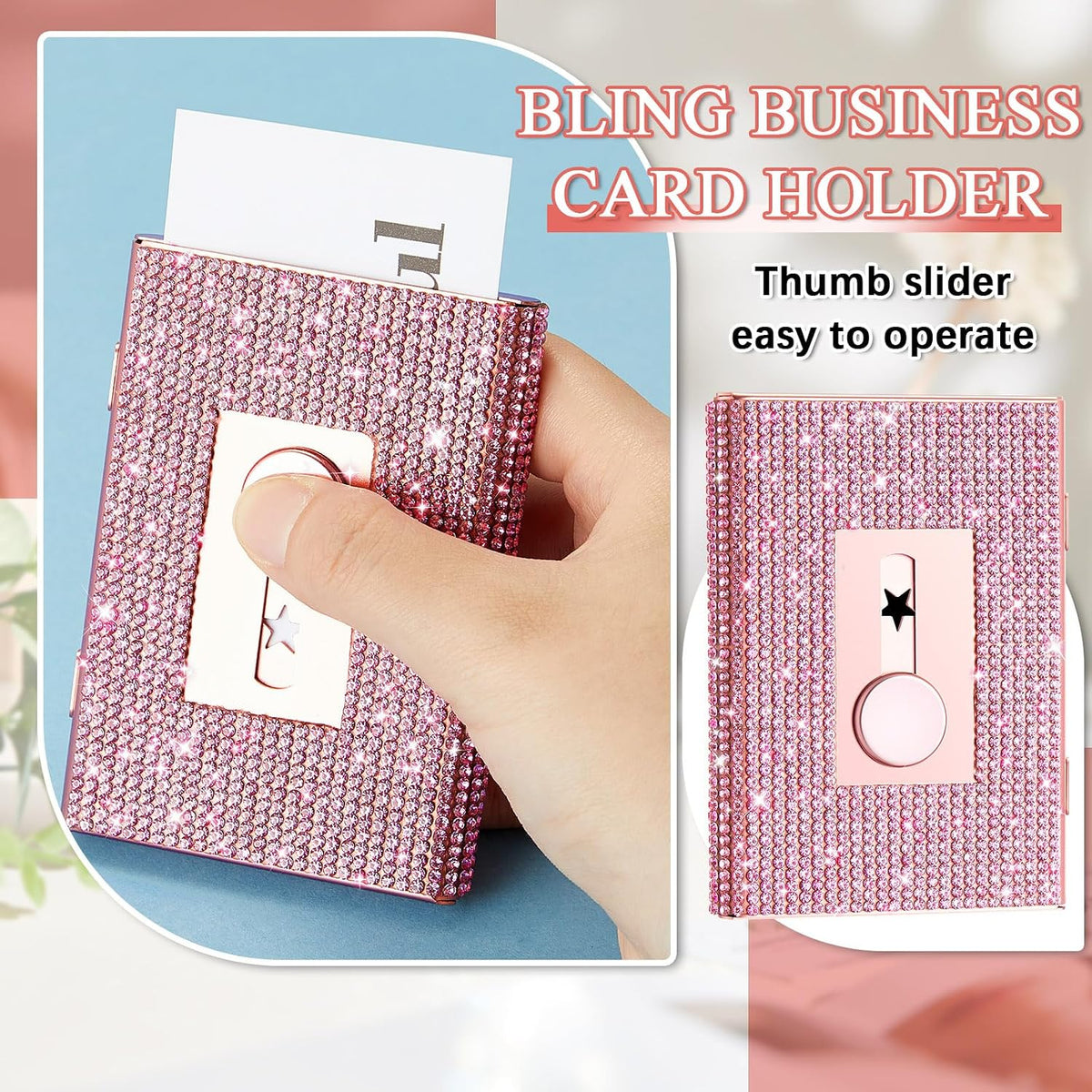 Rhinestone Business Card Holder for Women, Rose Gold