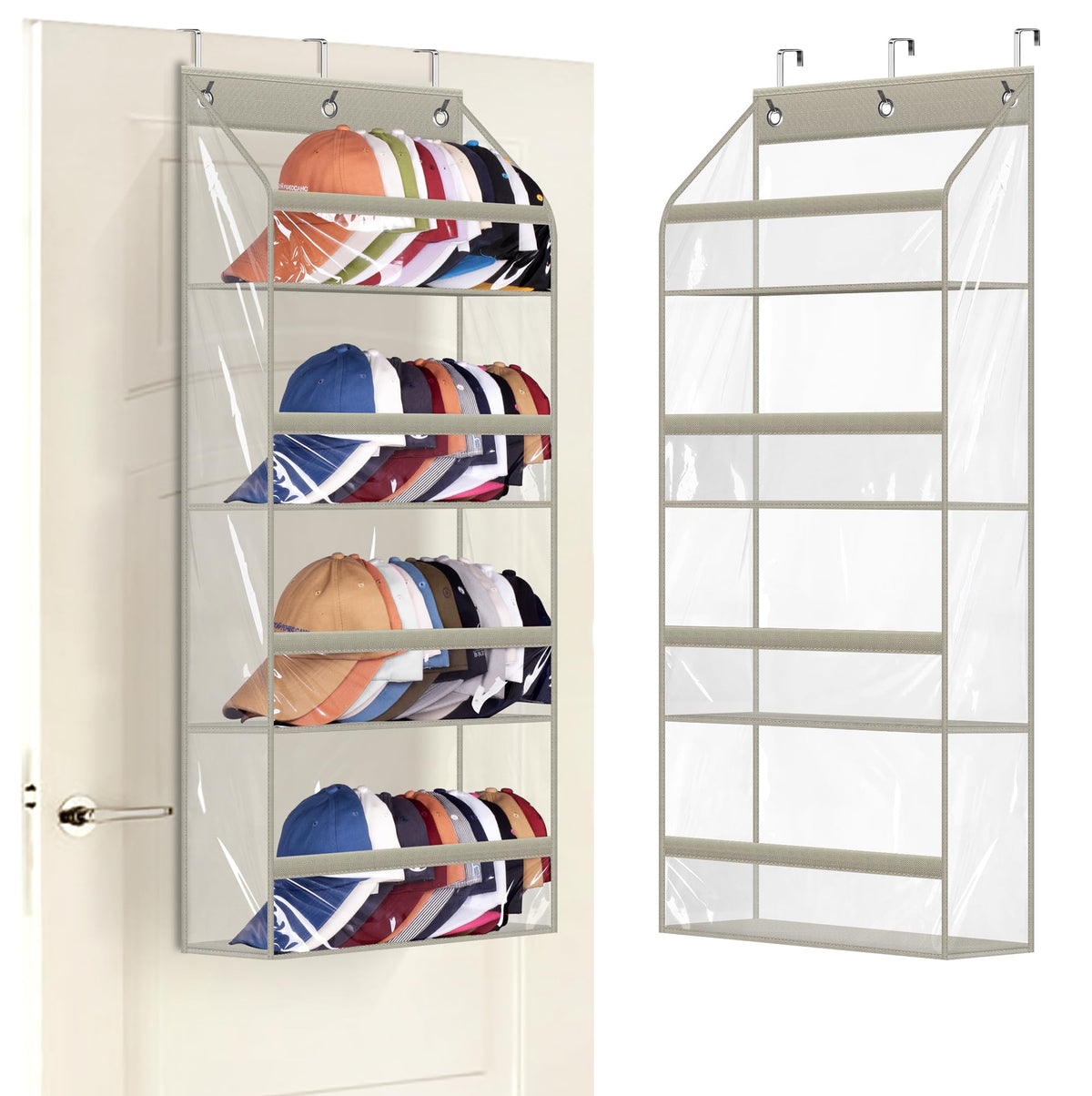 AOODA Clear Over The Door Hat Racks for Baseball Caps, Large Holds up to 72 Caps Hat Storage Organizer for Closet Wall, Deep Pockets Hanging Hat Holder with 3 Hooks, Black