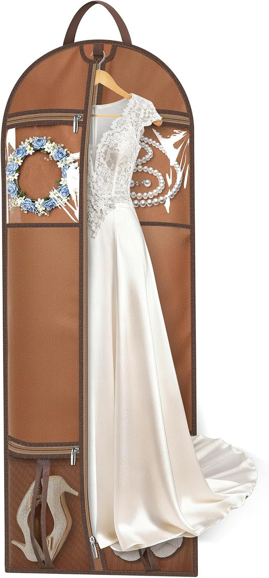 MISSLO 65" Dress Bags for Gowns Long with 4 Large Pockets Garment Bags for Travel for Women Heavy Duty Wedding Dress Bag for Hanging Clothes Garment Covers, Beige