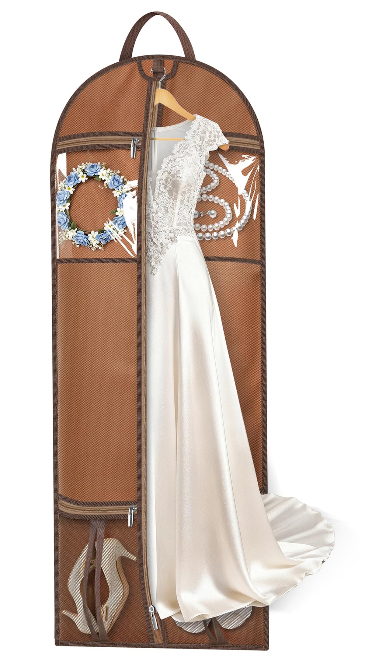 MISSLO 65" Dress Bags for Gowns Long with 4 Large Pockets Garment Bags for Travel for Women Heavy Duty Wedding Dress Bag for Hanging Clothes Garment Covers, Beige