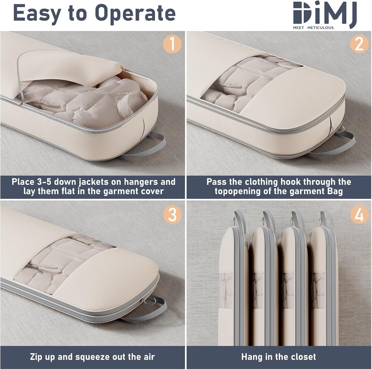 DIMJ 4 Pack 43" Compression Garment Bags for Hanging Clothes With Carry Handles and Window, Space Saving Washable Suit Bag for Dress, Clothes, Coats, Down Jacket, Closet Storage, Moving, Travel