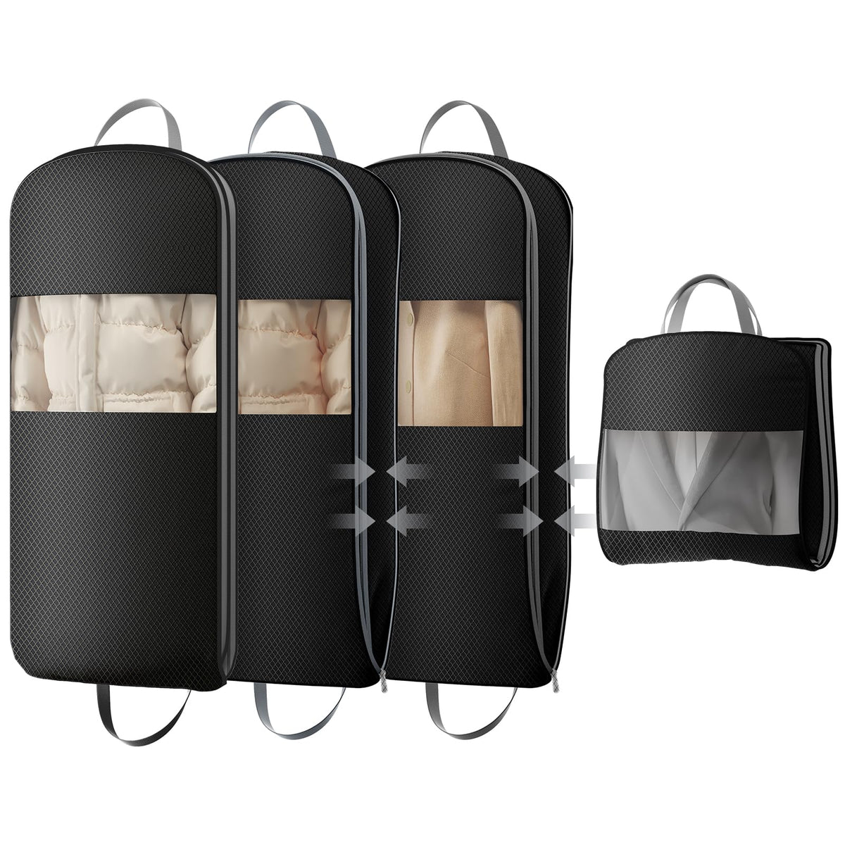DIMJ 4 Pack 43" Compression Garment Bags for Hanging Clothes With Carry Handles and Window, Space Saving Washable Suit Bag for Dress, Clothes, Coats, Down Jacket, Closet Storage, Moving, Travel