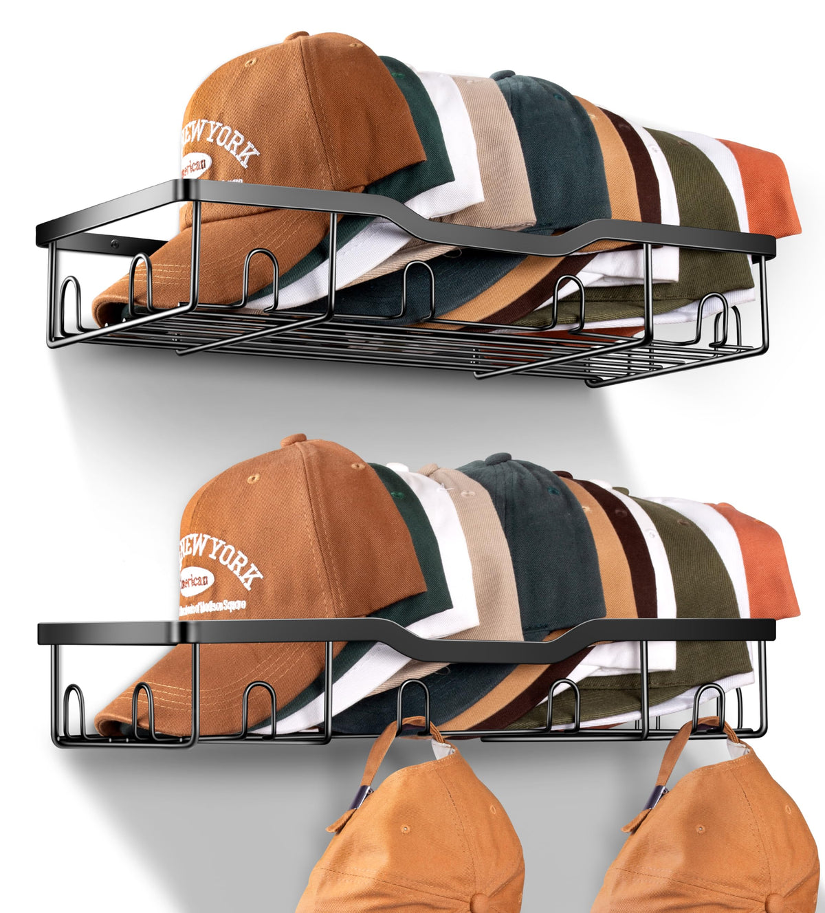 KEETDY Metal Hat Organizer for Baseball Caps Wall Hat Rack Fit 48 Caps Holder, 2 Packs Sturdy Wall Mounted Hat Storage Organizer, Gold