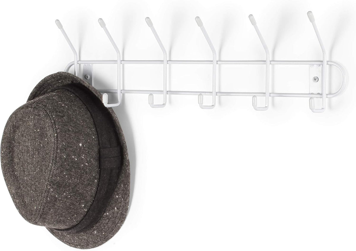 Spectrum 6 Hook Coat Rack Wall Mount for Entryway Closet Bathroom Garage, Sturdy Steel Wire Wall Mounted Coat Hooks for Hanging Hats Purses Towels Bags Backpacks, White
