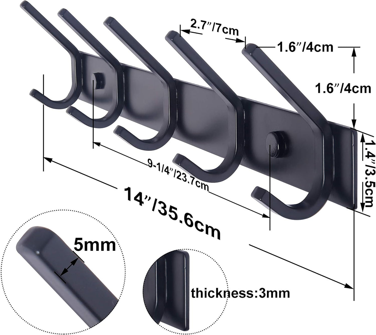 WEBI Coat Rack Wall Mounted,5 Coat Hooks for Hanging Coats,Heavy Duty Metal Double Hook Rack Hook Rail Coat Hanger Wall Mount for Clothes Entryway Jacket,Black,2 Packs