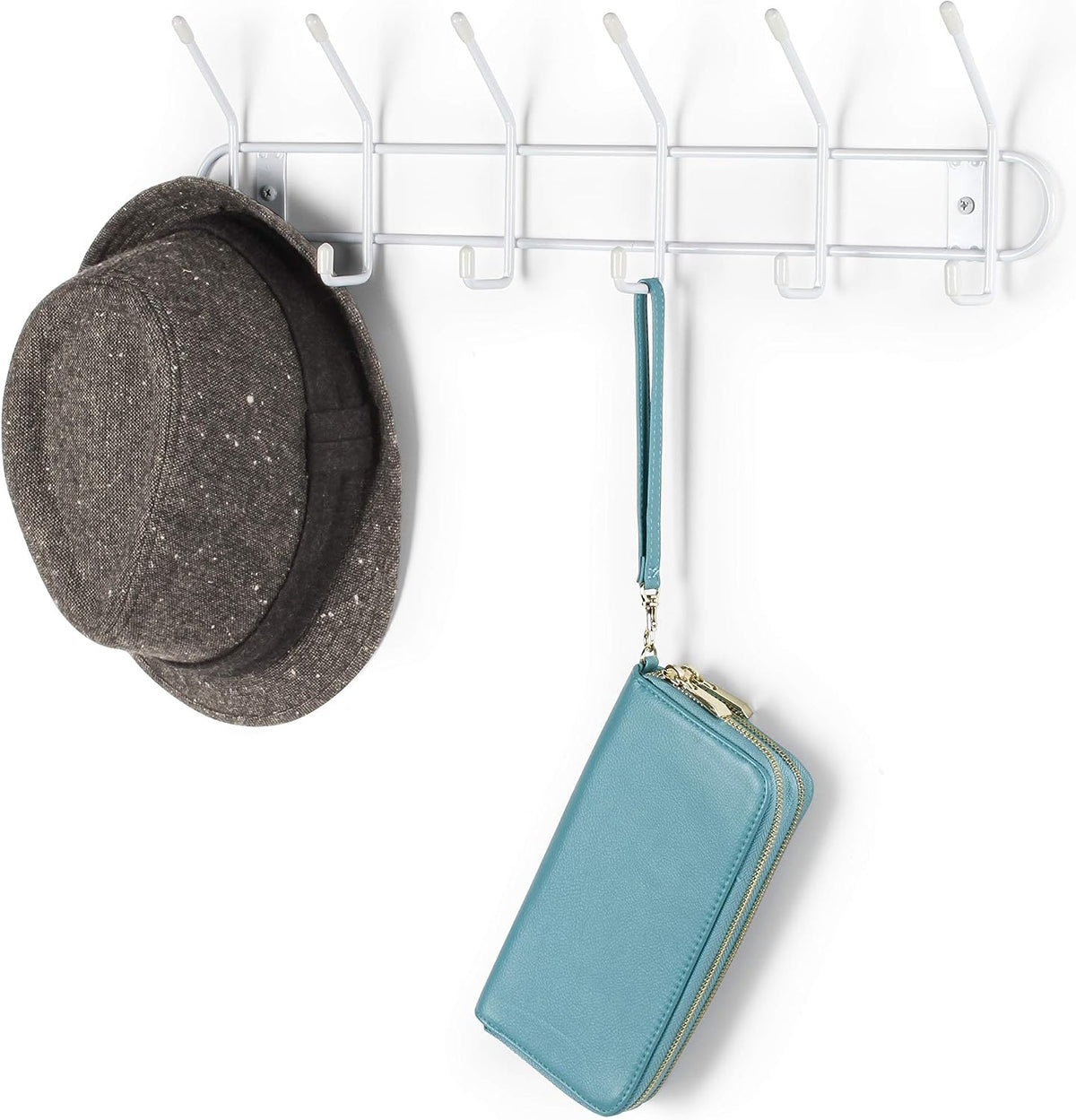 Spectrum 6 Hook Coat Rack Wall Mount for Entryway Closet Bathroom Garage, Sturdy Steel Wire Wall Mounted Coat Hooks for Hanging Hats Purses Towels Bags Backpacks, White