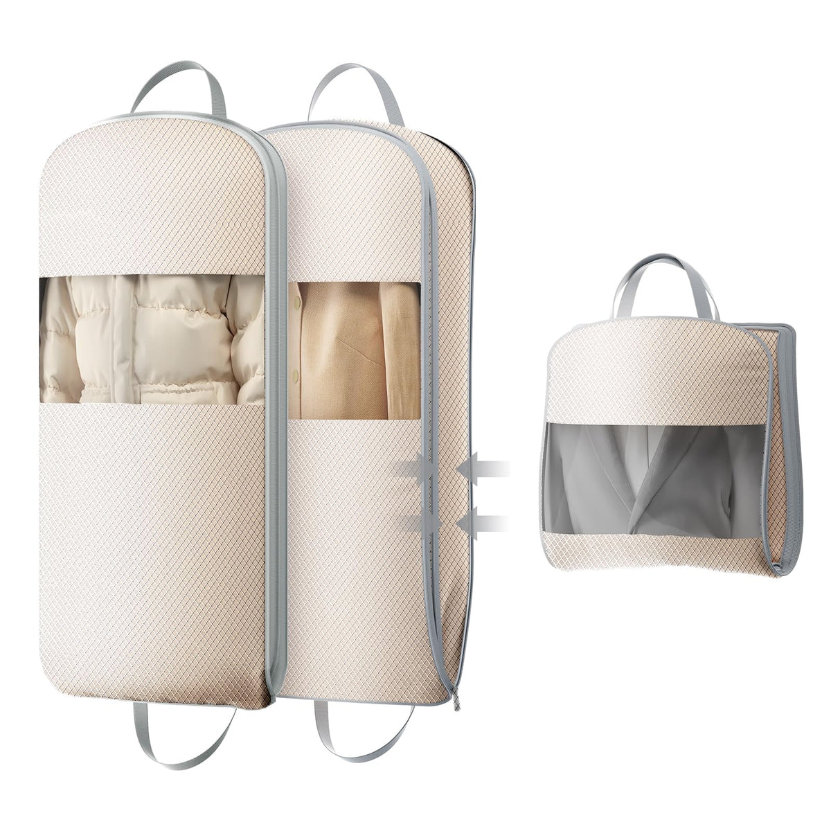DIMJ 4 Pack 43" Compression Garment Bags for Hanging Clothes With Carry Handles and Window, Space Saving Washable Suit Bag for Dress, Clothes, Coats, Down Jacket, Closet Storage, Moving, Travel