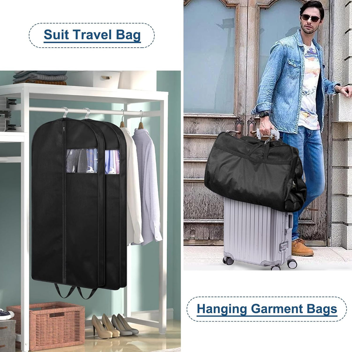 KIMBORA 43" Suit Bags for Closet Storage and Travel, Gusseted Hanging Garment Bags for Men Suit Cover With Handles for Clothes, Coats, Jackets, Shirts（3 Packs）