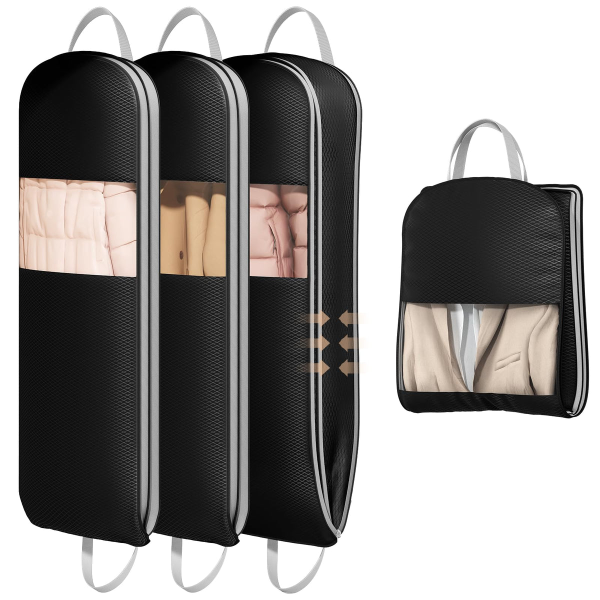 DIMJ 4 Pack 43" Compression Garment Bags for Hanging Clothes With Carry Handles and Window, Space Saving Washable Suit Bag for Dress, Clothes, Coats, Down Jacket, Closet Storage, Moving, Travel