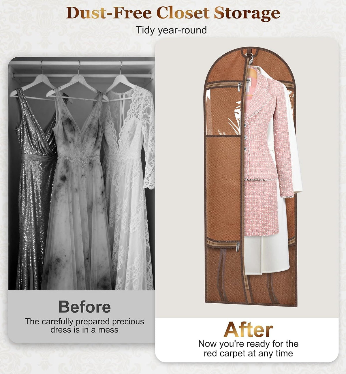 MISSLO 65" Dress Bags for Gowns Long with 4 Large Pockets Garment Bags for Travel for Women Heavy Duty Wedding Dress Bag for Hanging Clothes Garment Covers, Beige