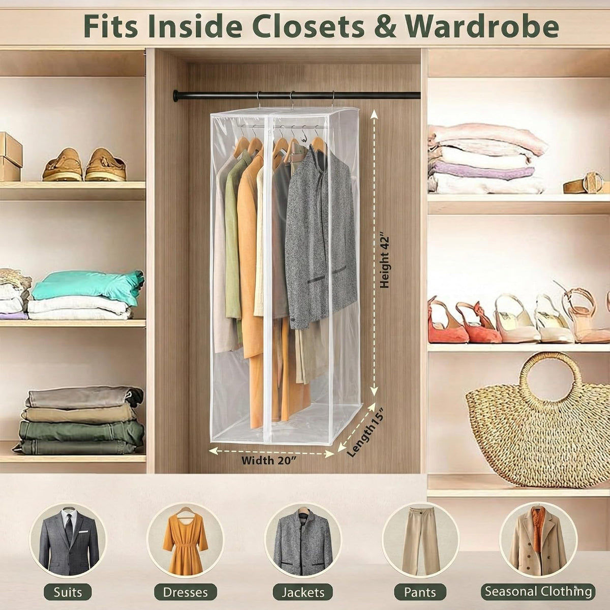 Clear Garment Bag, 42" Hanging Zippered Closet Organizer