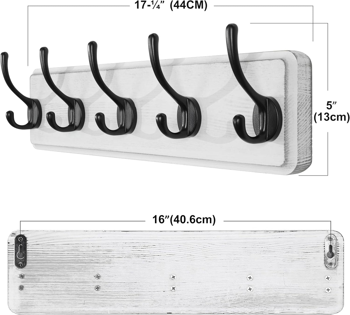 SKOLOO Rustic Coat Rack Wall Mount, 5 Hooks, 17 Inch, Solid Wood, White