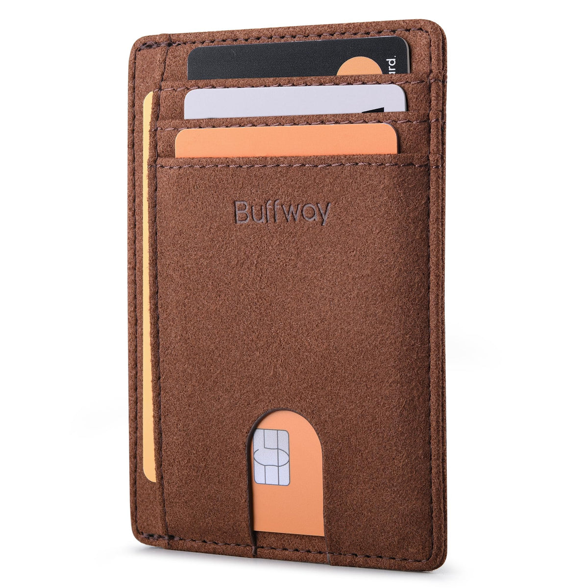 Buffway Slim Minimalist Front Pocket RFID Blocking Leather Wallets for Men and Women - Alaska Cherry