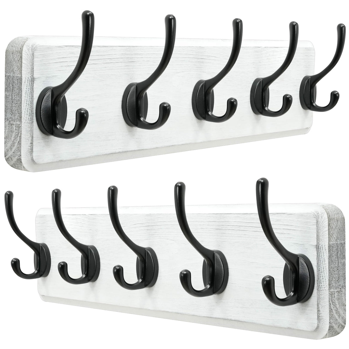 Dseap Wall Mounted Coat Rack: Patented, Heavy-Duty, 17.4" Long 5-Double-Hooks Wooden Hanger Rail for Winter Coats, Hat, Jacket, Clothing - Natural & Black