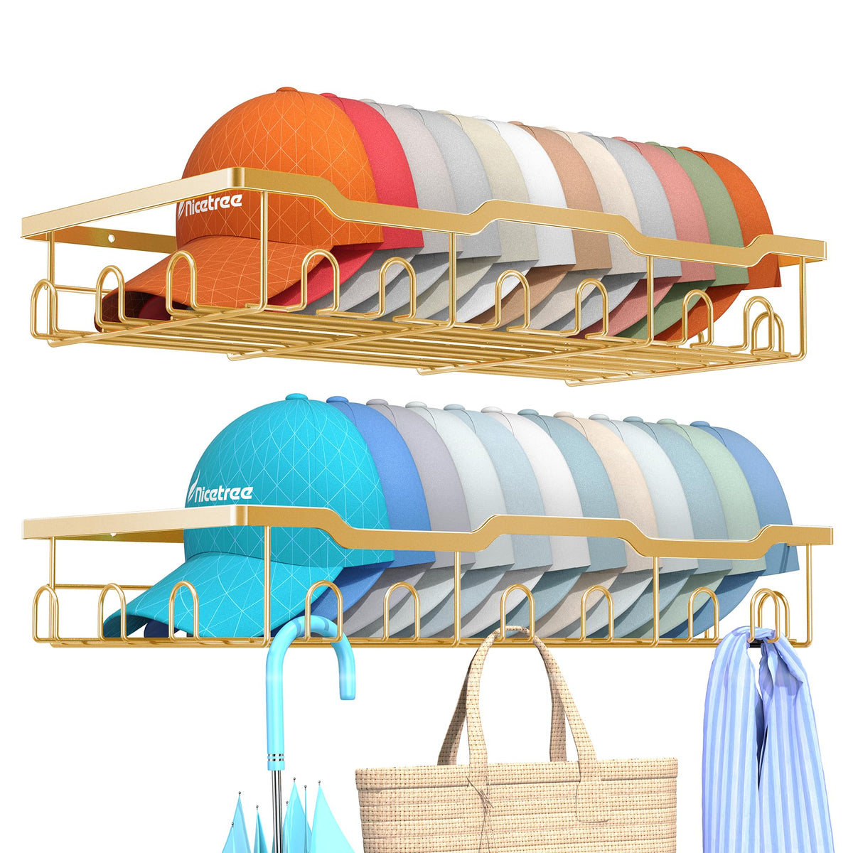 Nicetree Hat Racks for Base ball Caps Wall - Metal Hat Organizer for 48 Baseball Caps Holder, 2 Pack Baseball Hat Storage Organizer for Closet, Bedroom, Living Room