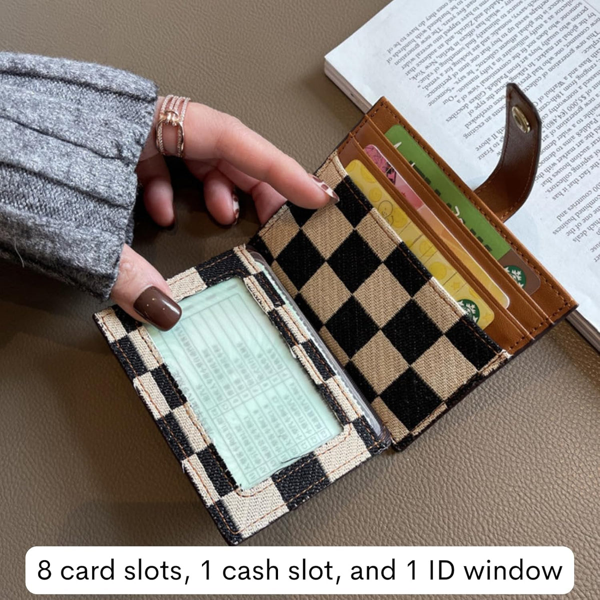 TURBOOST Cute Slim Card Holder Canvas Front Pocket Checkered Wallet, Small Credit Card Case for Women (Black)