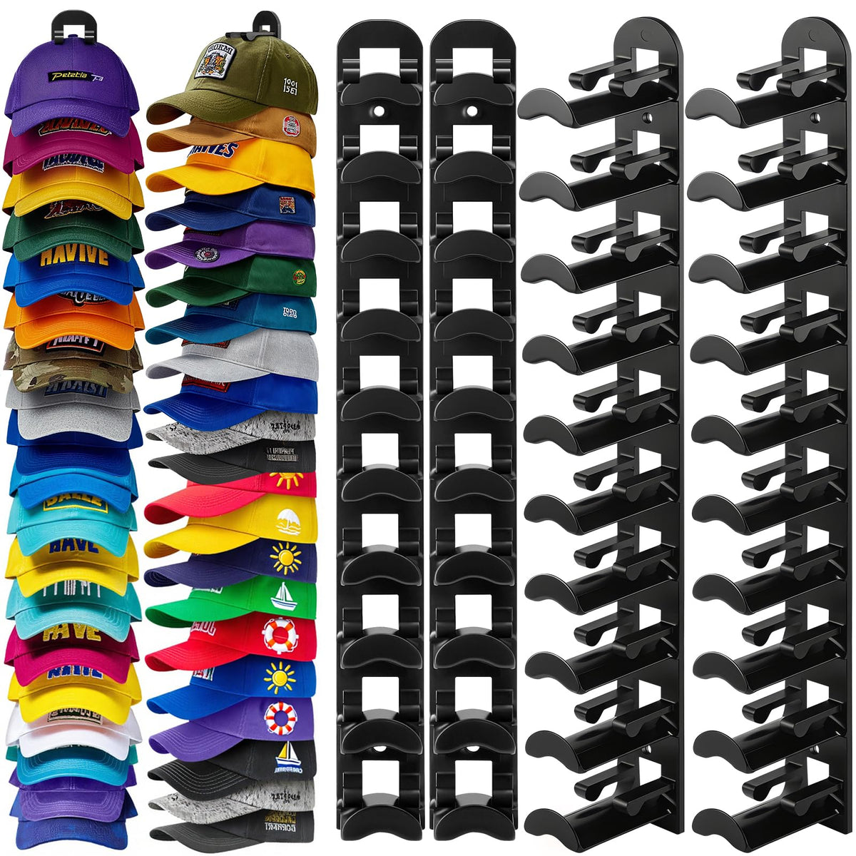 2 Pack Hat Organizer for Baseball Caps, Hat Rack for Wall Hold Up to 20 Hats, Hat Holder with Strong Adhesive and Screws, Hat Organizer Wall Mounted Hat Hanger Display for Door Closet Bedroom(B-Black)