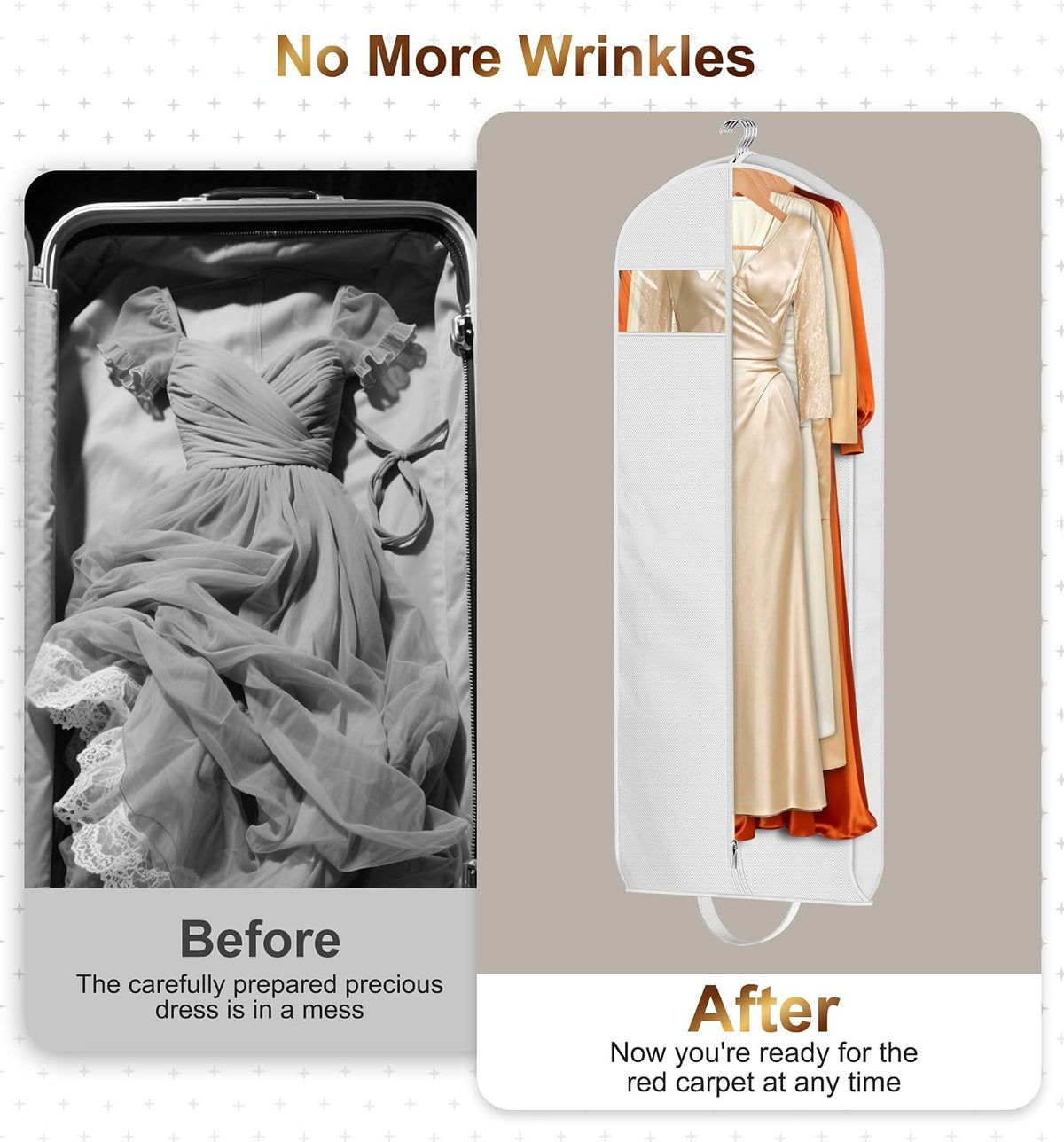 MISSLO 72" Wedding Dress Garment Bag for Travel Waterproof Dress Bags for Gowns Long 4" Gusseted Dresses Protector Bag for Closet Storage Clothing Covers for Hanging Clothes, White