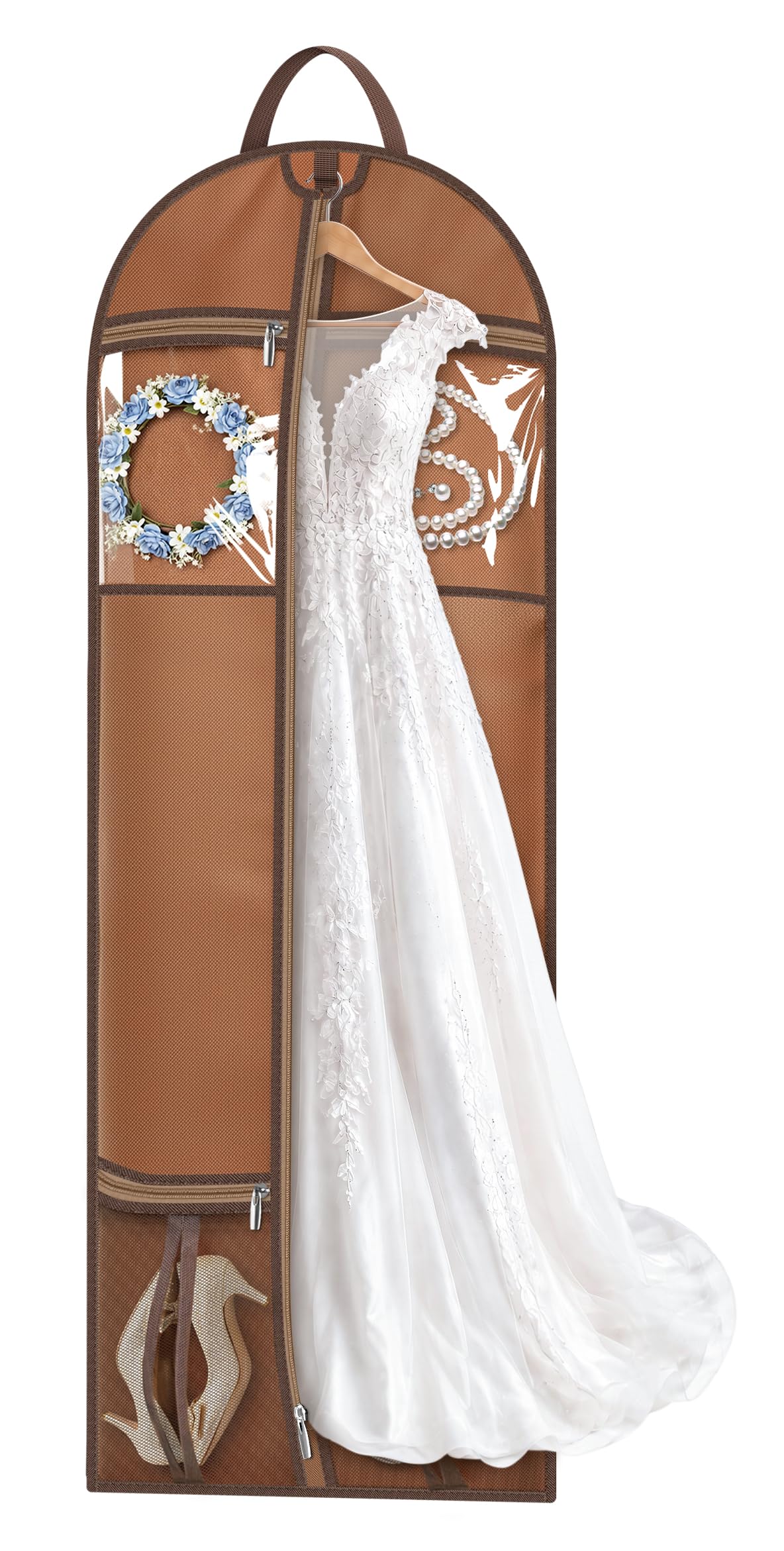 MISSLO 65" Dress Bags for Gowns Long with 4 Large Pockets Garment Bags for Travel for Women Heavy Duty Wedding Dress Bag for Hanging Clothes Garment Covers, Beige