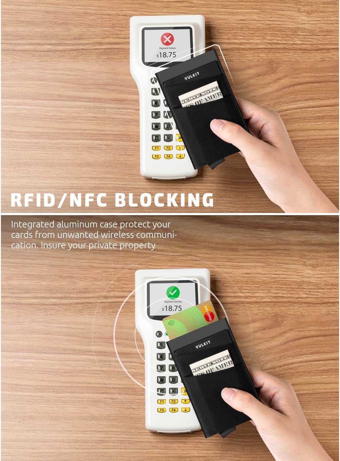VULKIT Card Holder with Money Pocket Pop Up Wallet RFID Blocking Slim Metal Bank Card Case Holds 5 Cards and Notes
