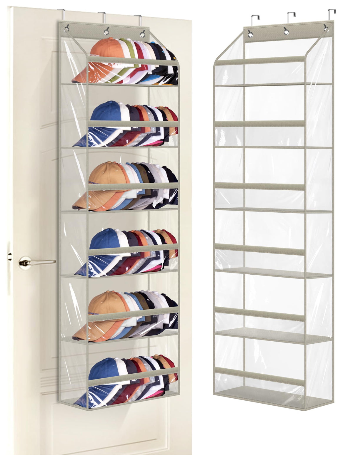 AOODA Clear Over The Door Hat Racks for Baseball Caps, Large Holds up to 72 Caps Hat Storage Organizer for Closet Wall, Deep Pockets Hanging Hat Holder with 3 Hooks, Black