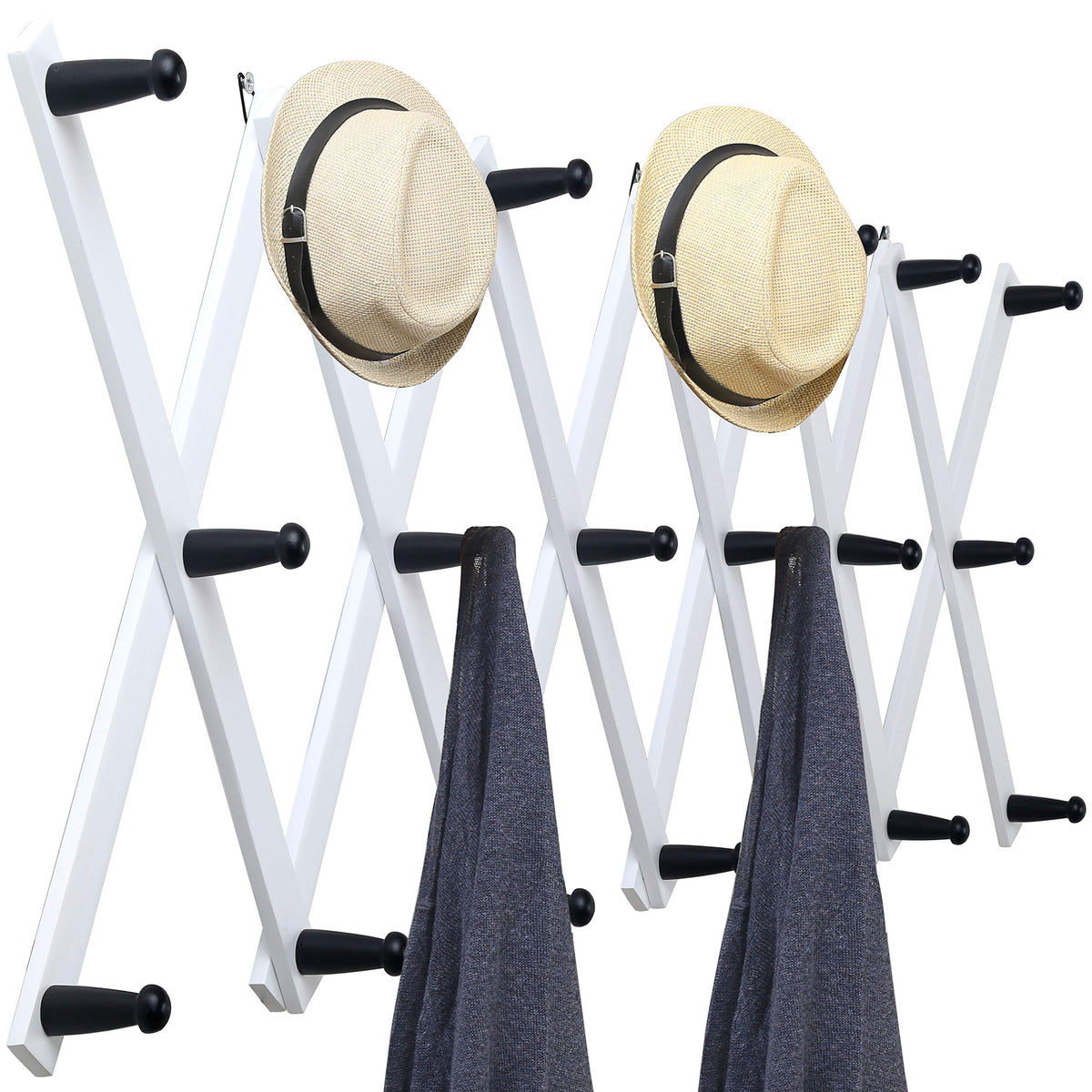 WEBI Accordion Wall Hanger, Wooden Coat Rack Wall Mounted, Hat & Cap Hook Rack, 16 Peg Hooks, Walnut Color