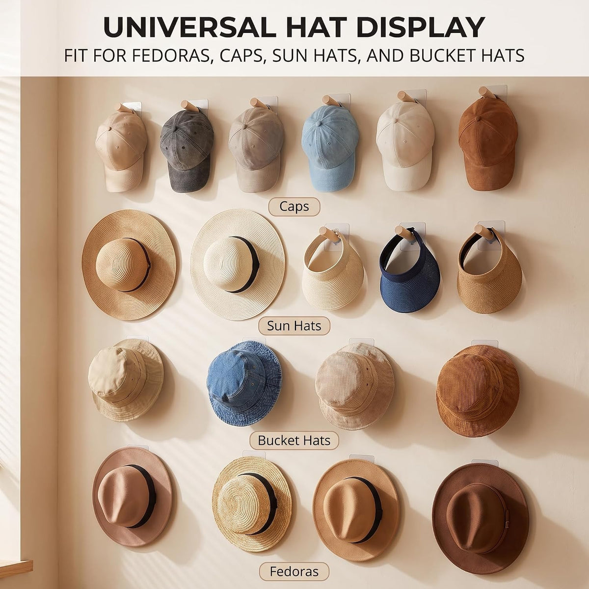 FOTYRIG Adhesive Hat Hooks Hat Hangers 10lbs Sticky Wall Rack for Baseball Caps, Bucket Hats, Cowboy Hats, Extended Wooden Pegs Handmade - Bathroom Door Cloest Entryway Wardrobe-8 Pack