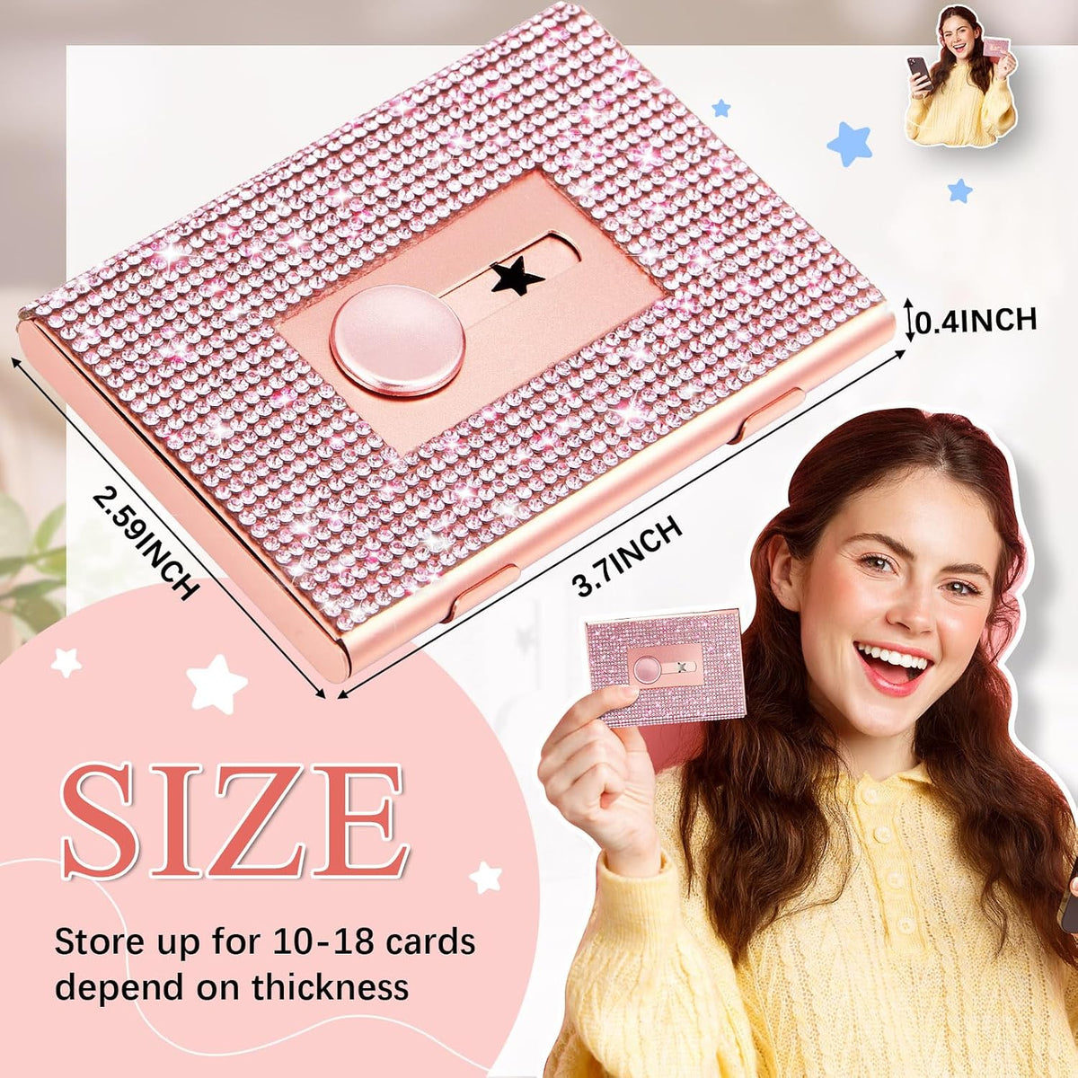 Rhinestone Business Card Holder for Women, Rose Gold