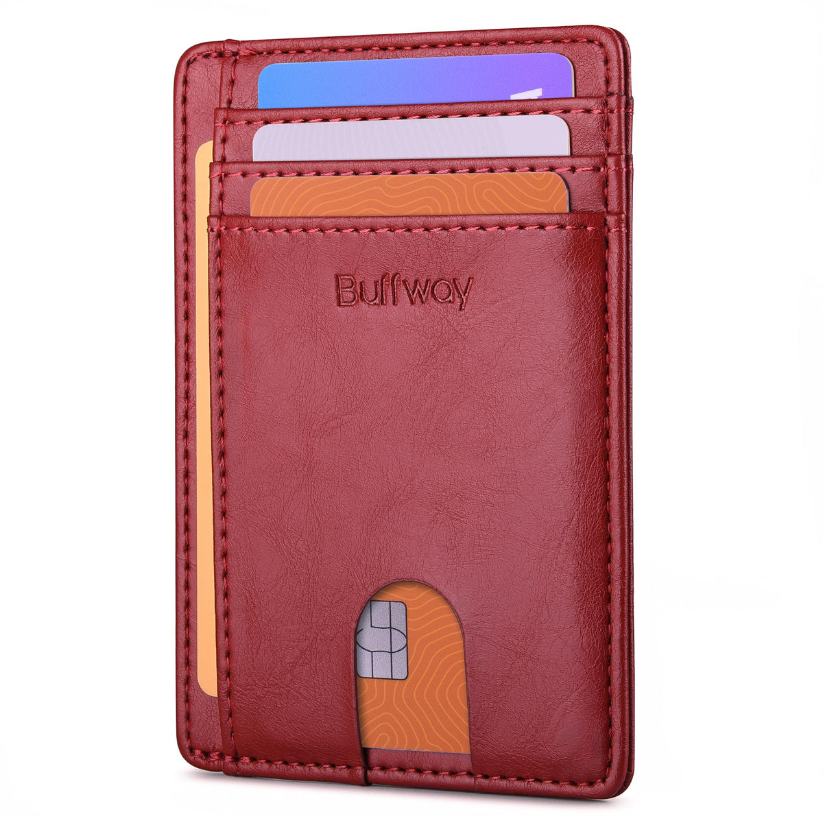 Buffway Slim Minimalist Front Pocket RFID Blocking Leather Wallets for Men and Women - Alaska Cherry