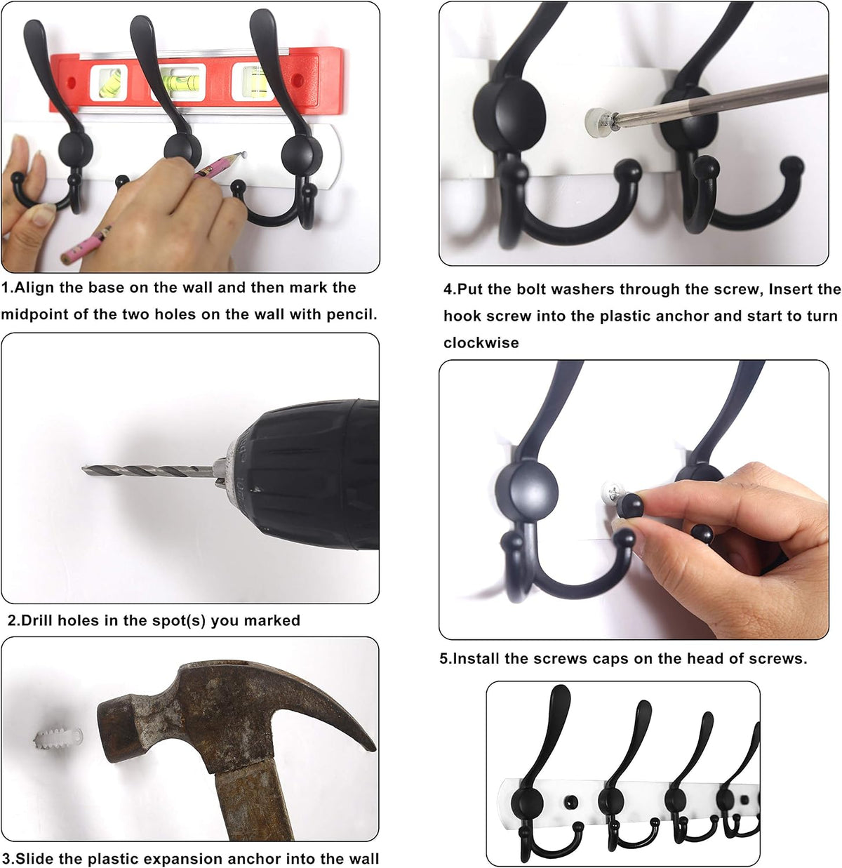 WEBI Coat Rack Wall Mounted,5 Coat Hooks for Hanging Coats,Heavy Duty Metal Double Hook Rack Hook Rail Coat Hanger Wall Mount for Clothes Entryway Jacket,Black,2 Packs