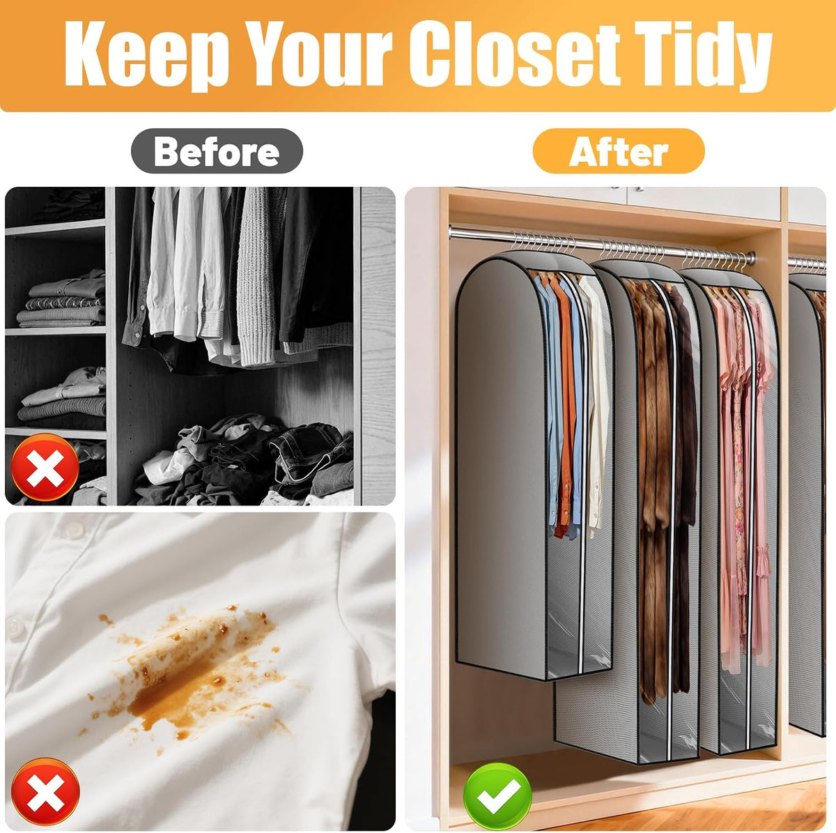 10" Gusseted Garment Bags Thicken for Hanging Clothes, 6 Pack, 40"&60"