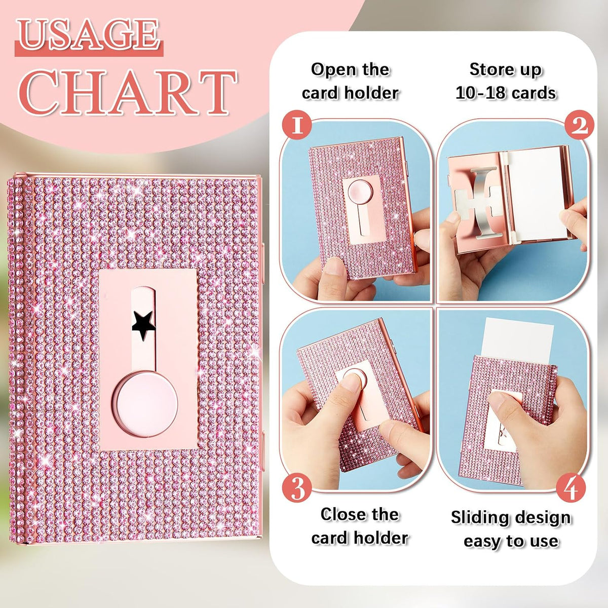 Rhinestone Business Card Holder for Women, Rose Gold