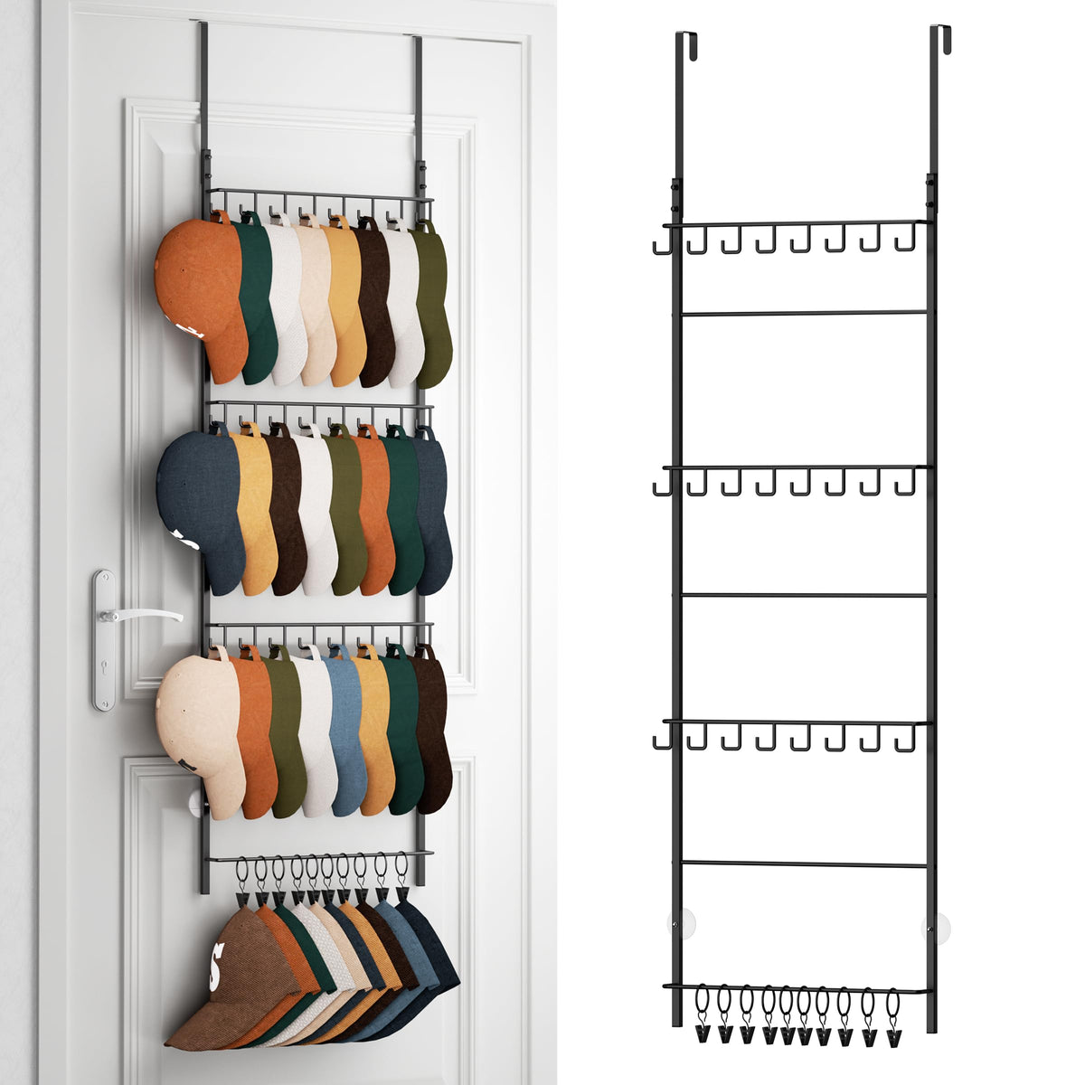 HapiRm Over Door Hat Rack - 3 Tier Wall Mounted Hat Organizer with 16 Hooks and 10 Movable Clips, Baseball Cap Organizer Storage Holds up to 26 Caps for Door, Bedroom, Closet USPTO Patented
