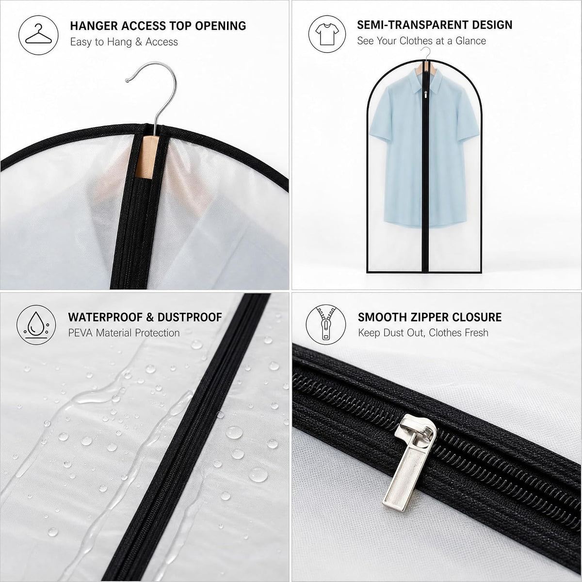 12 Pack Garment Bag with Zipper, 24 x 40inch Clear Garment Bags for Hanging Clothes, HKKZYT Durable PEVA Suit Storage Covers for Closet and Travel
